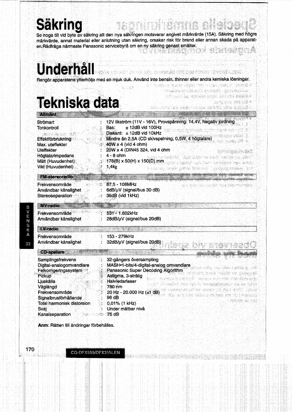 Säkring, Underhill, Tekniska data | Underhäll | Panasonic CQDFX555 User Manual | Page 170 / 236