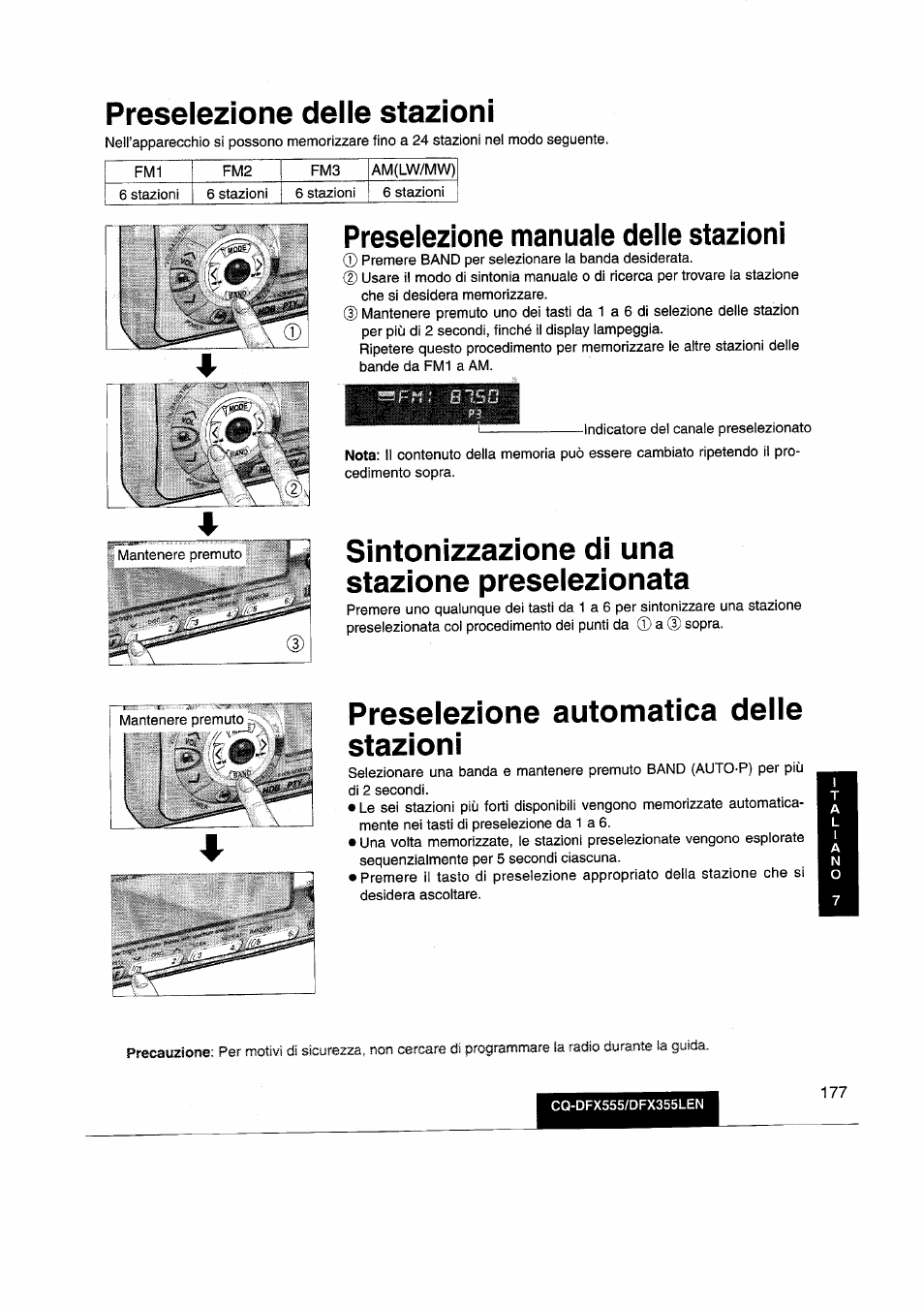 Preselezione delle stazioni, Preselezione manuale delle stazioni, Sintonizzazione di una stazione preselezionata | Preselezione automatica delle stazioni | Panasonic CQDFX555 User Manual | Page 177 / 236