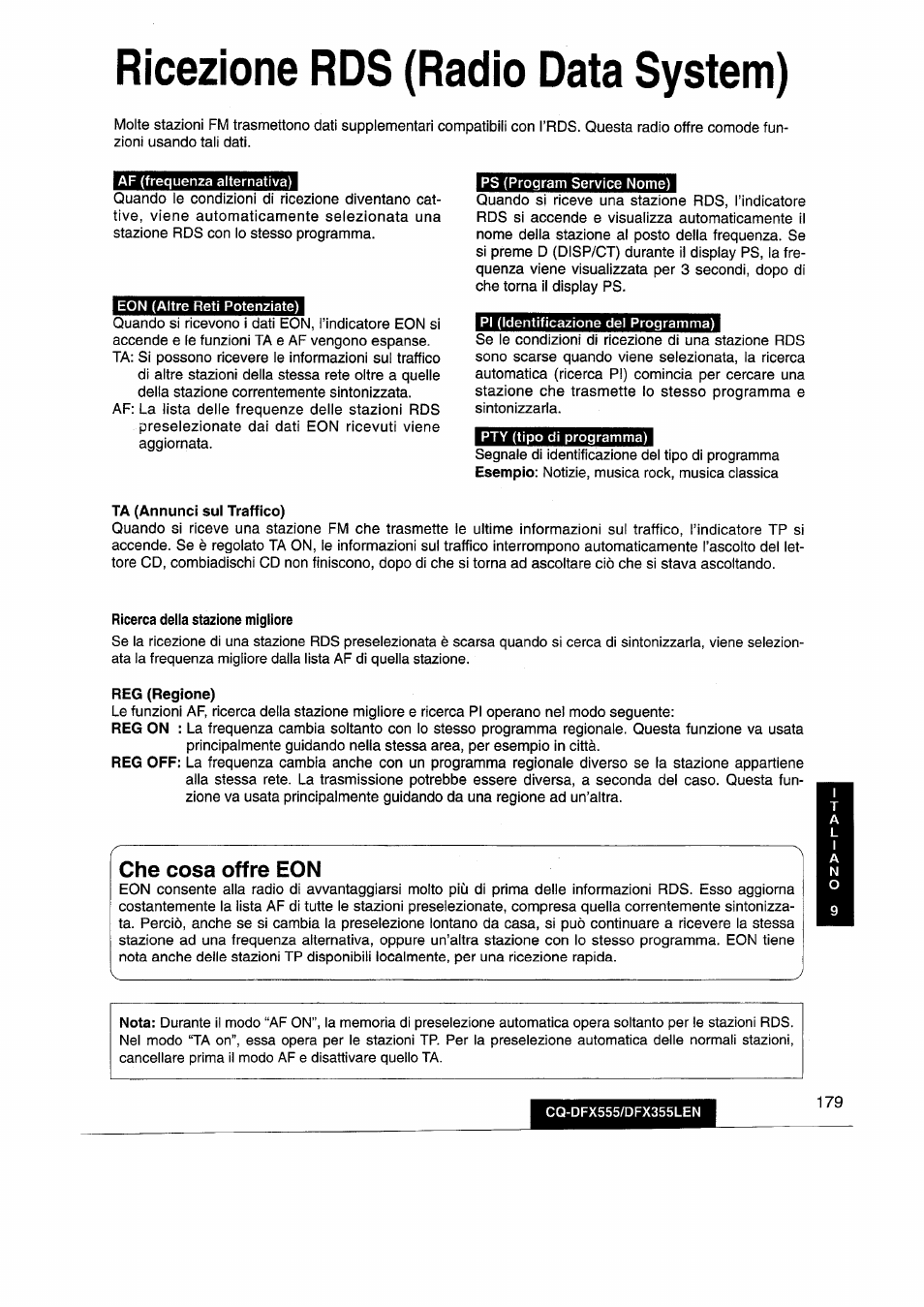 Ricezione rds (radio data system), Che cosa offre eon | Panasonic CQDFX555 User Manual | Page 179 / 236