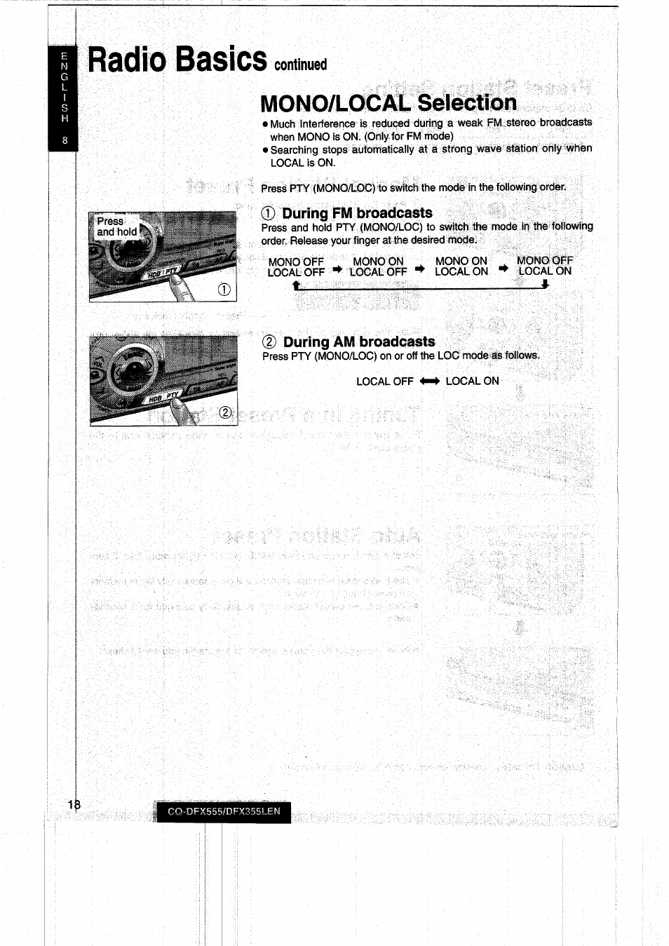 Radio basics, Mono/local selection, Continued | Panasonic CQDFX555 User Manual | Page 18 / 236
