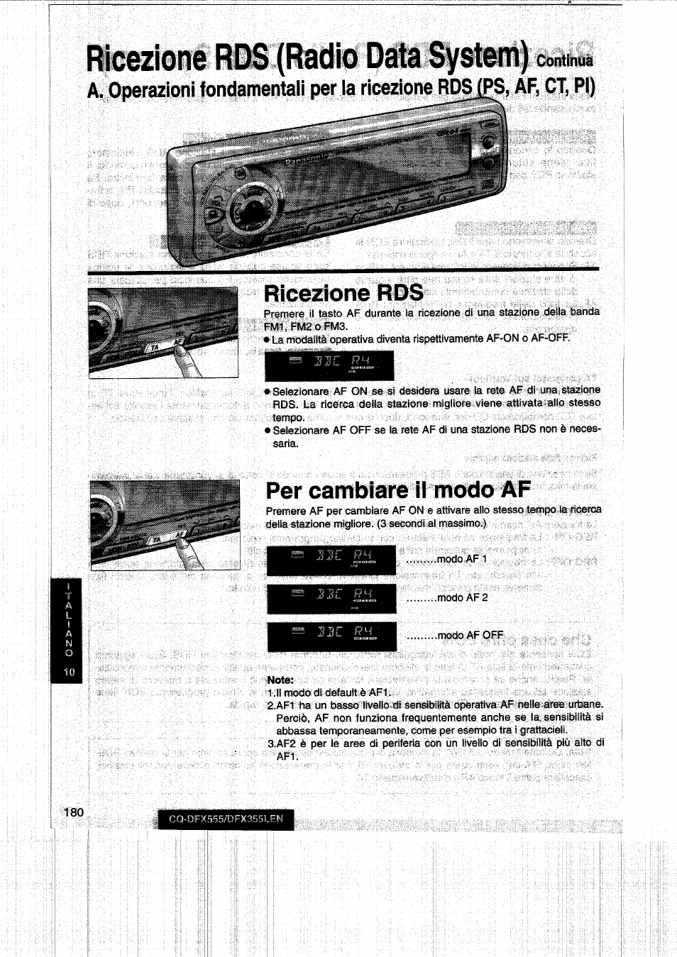 Ricezione, Ricezione rds, Per cambiare ii modo af | A. operazioni fondamentaii per ia ricezione, Ps, af, ct, pi), J3c ph | Panasonic CQDFX555 User Manual | Page 180 / 236