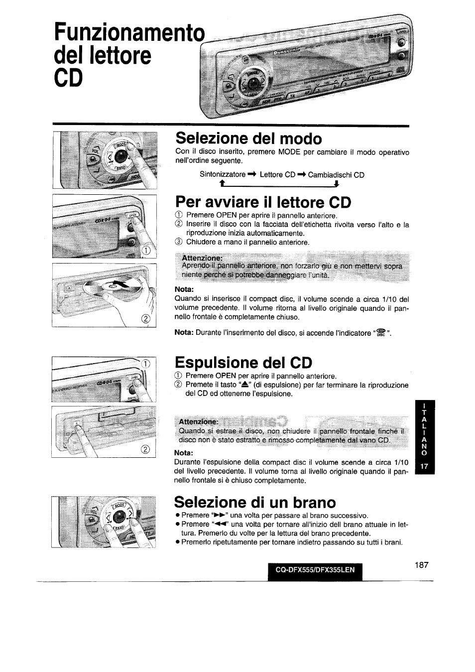 Funzionamento del lettore cd, Selezione del modo, Per avviare il lettore cd | Espulsione del cd, Selezione di un brano | Panasonic CQDFX555 User Manual | Page 187 / 236