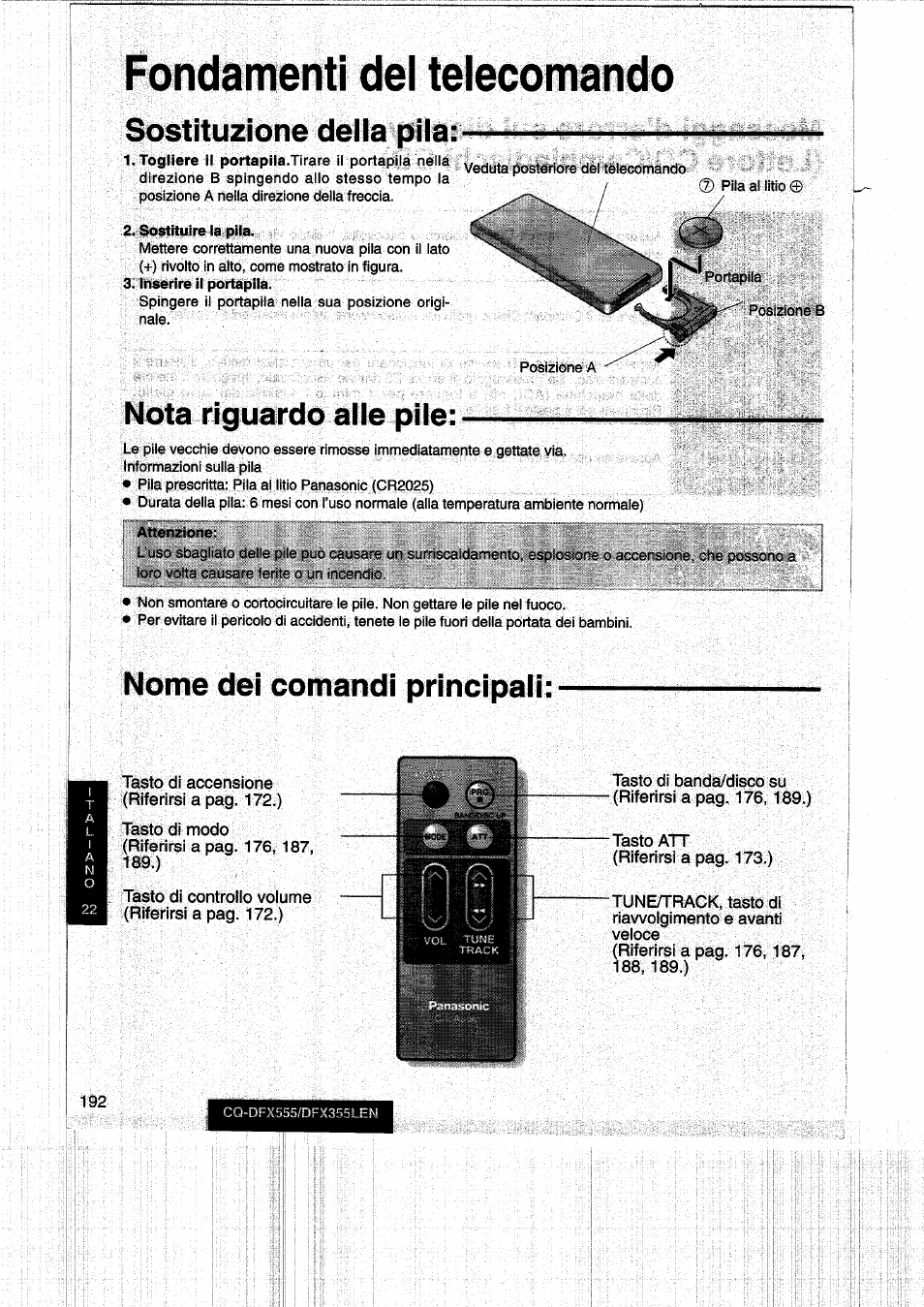 Fondamenti del telecomando, Sostituzione deila pila, Nota riguardo alle pile | Nome dei comandi principali | Panasonic CQDFX555 User Manual | Page 192 / 236