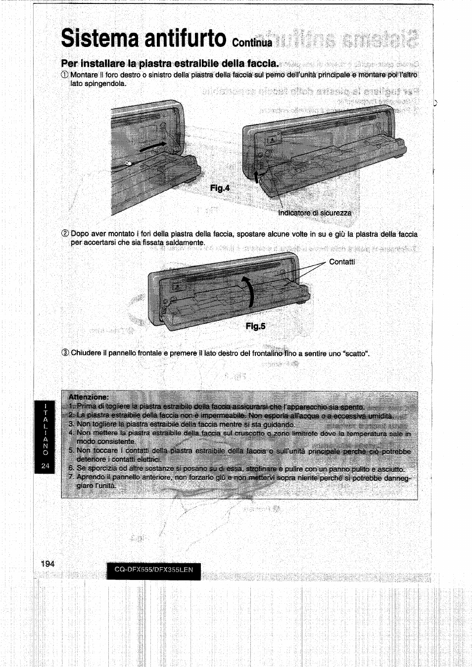 Sistema antifurto, Continua | Panasonic CQDFX555 User Manual | Page 194 / 236