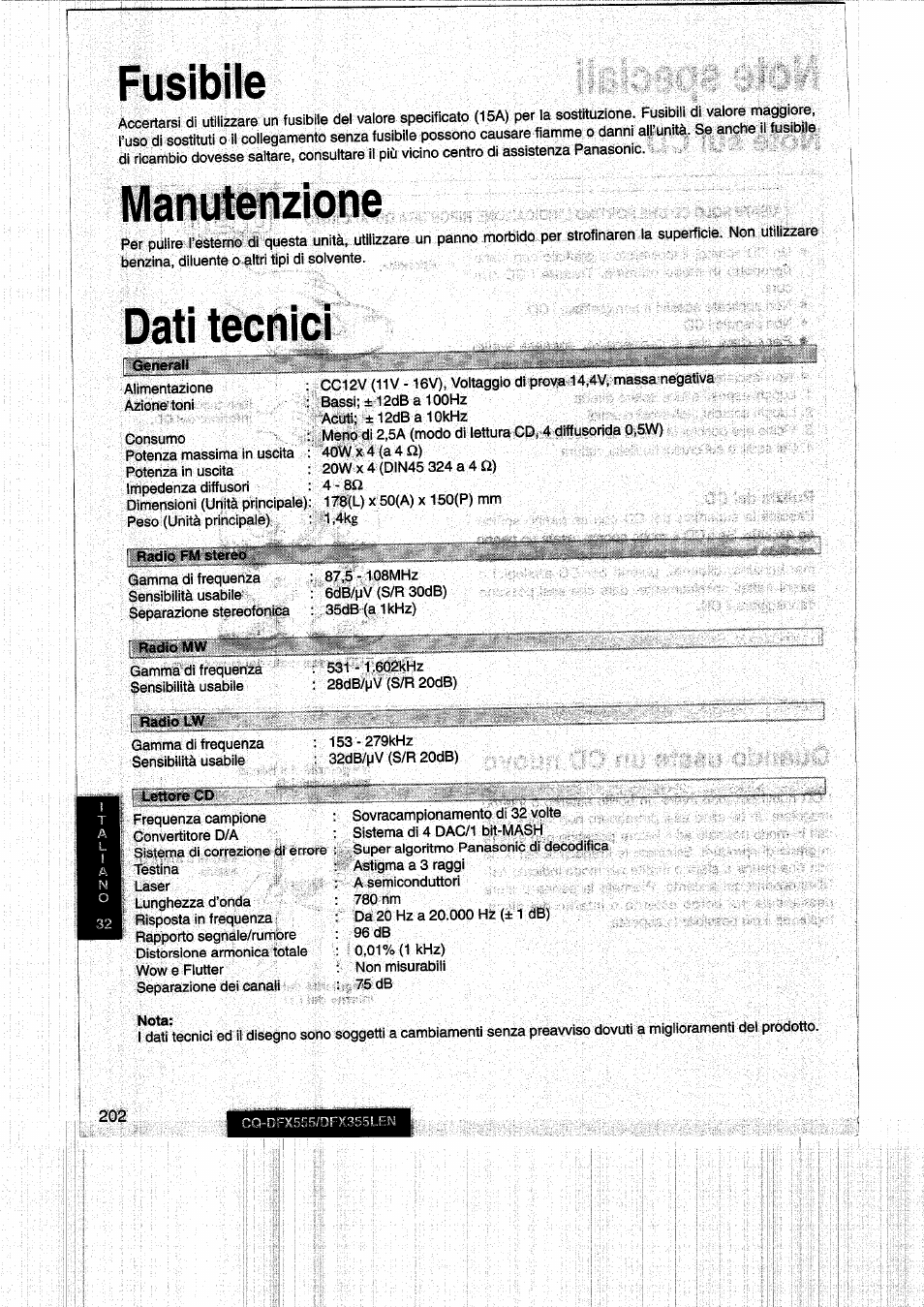 Fusibile, Manutenzione, Dati tecnici | Fusibile manutenzione dati tecnici | Panasonic CQDFX555 User Manual | Page 202 / 236
