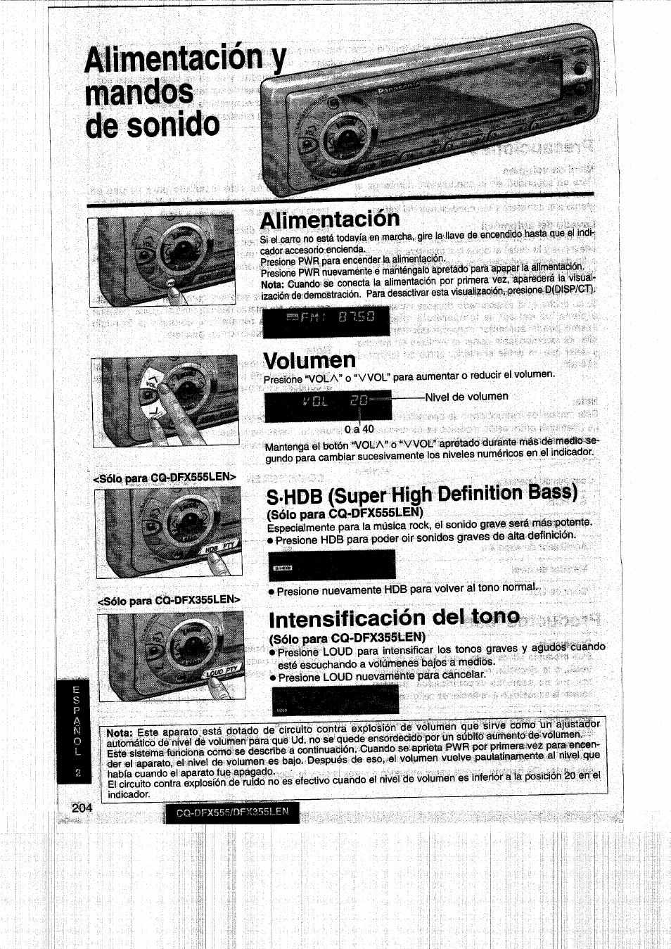 Alimentación mandos de sonido, Alimentación, Volumen | Intensificación del tono, Alimentación y mandos de sonido, S-hdb (super high definition bass) | Panasonic CQDFX555 User Manual | Page 204 / 236