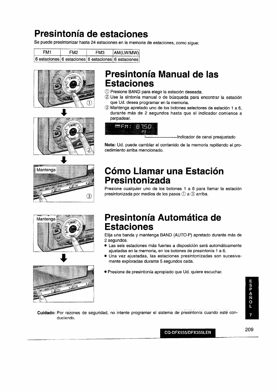 Presintonía de estaciones, Presintonía manuai de las, Estaciones | Cómo llamar una estación presintonizada, Presintonía automática de estaciones, Precauciones, Presintonía manuai de las estaciones | Panasonic CQDFX555 User Manual | Page 209 / 236