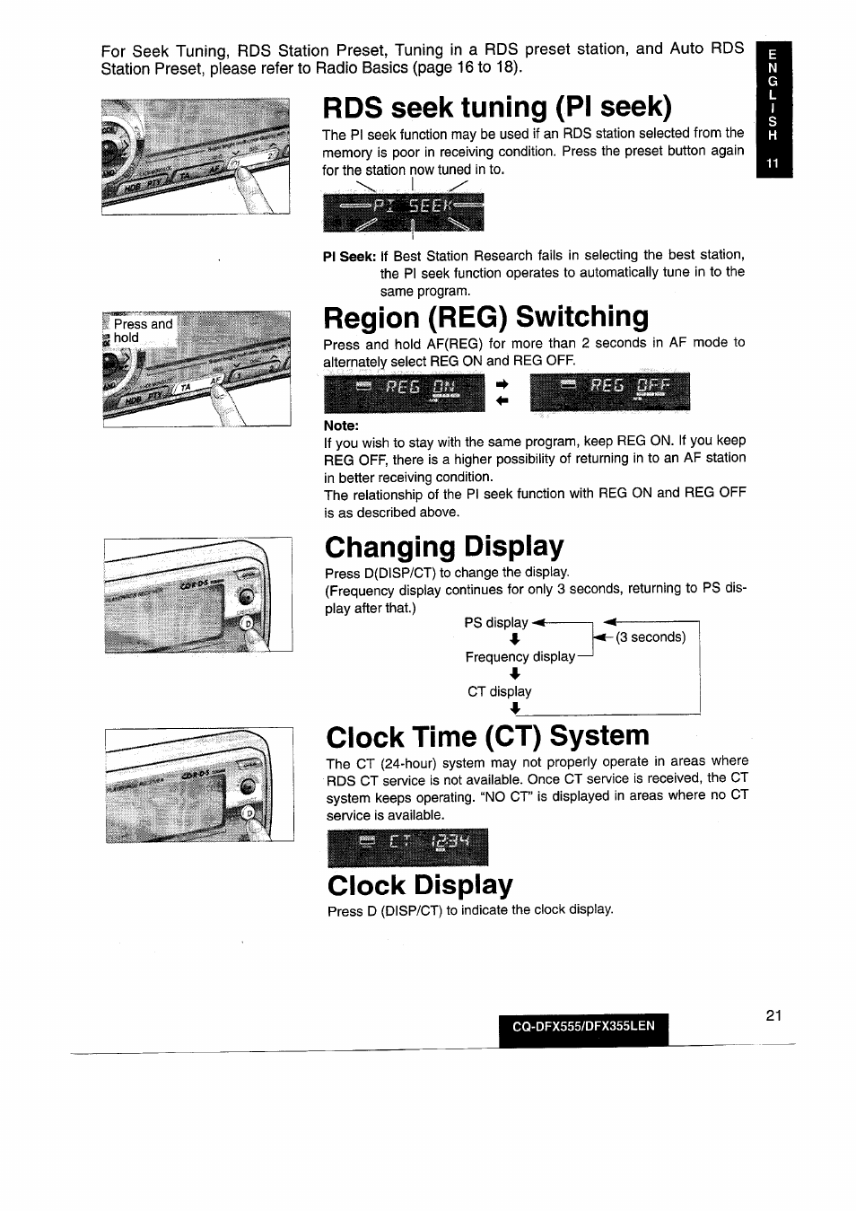 Rds seek tuning (pi seek), Changing display, Region (reg) switching | Clock time (ct) system, Clock display | Panasonic CQDFX555 User Manual | Page 21 / 236