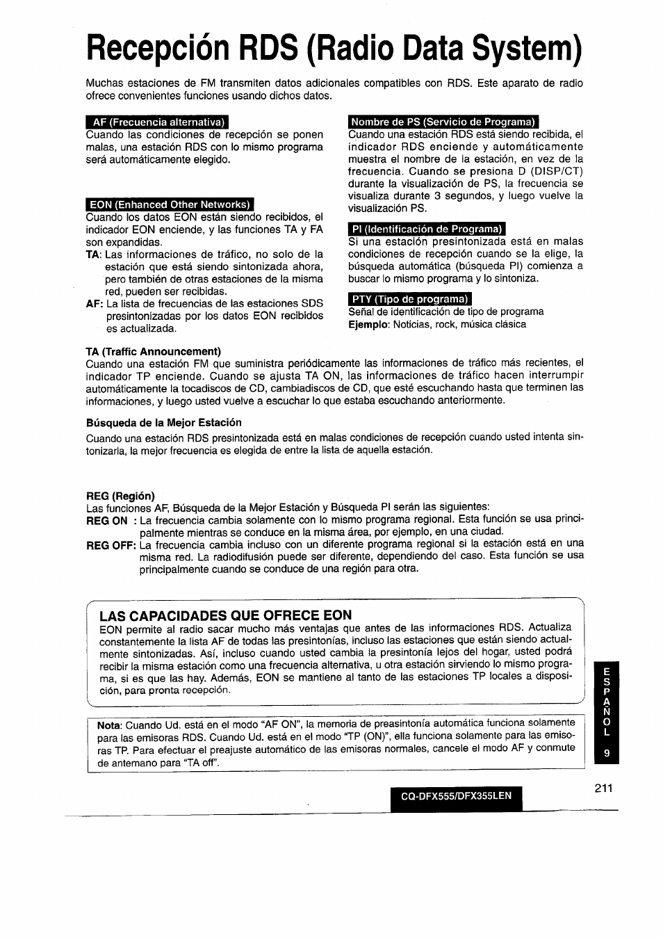 Recepción rds (radio data system), Las capacidades que ofrece eon | Panasonic CQDFX555 User Manual | Page 211 / 236