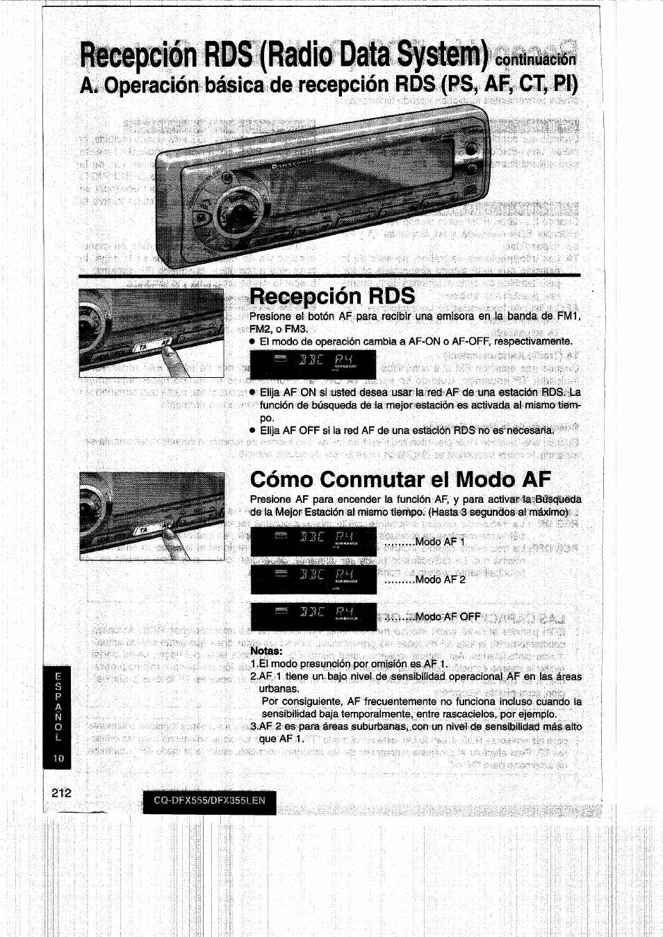 Recepción rds, Cómo conmutar el modo af, Continuación | Panasonic CQDFX555 User Manual | Page 212 / 236