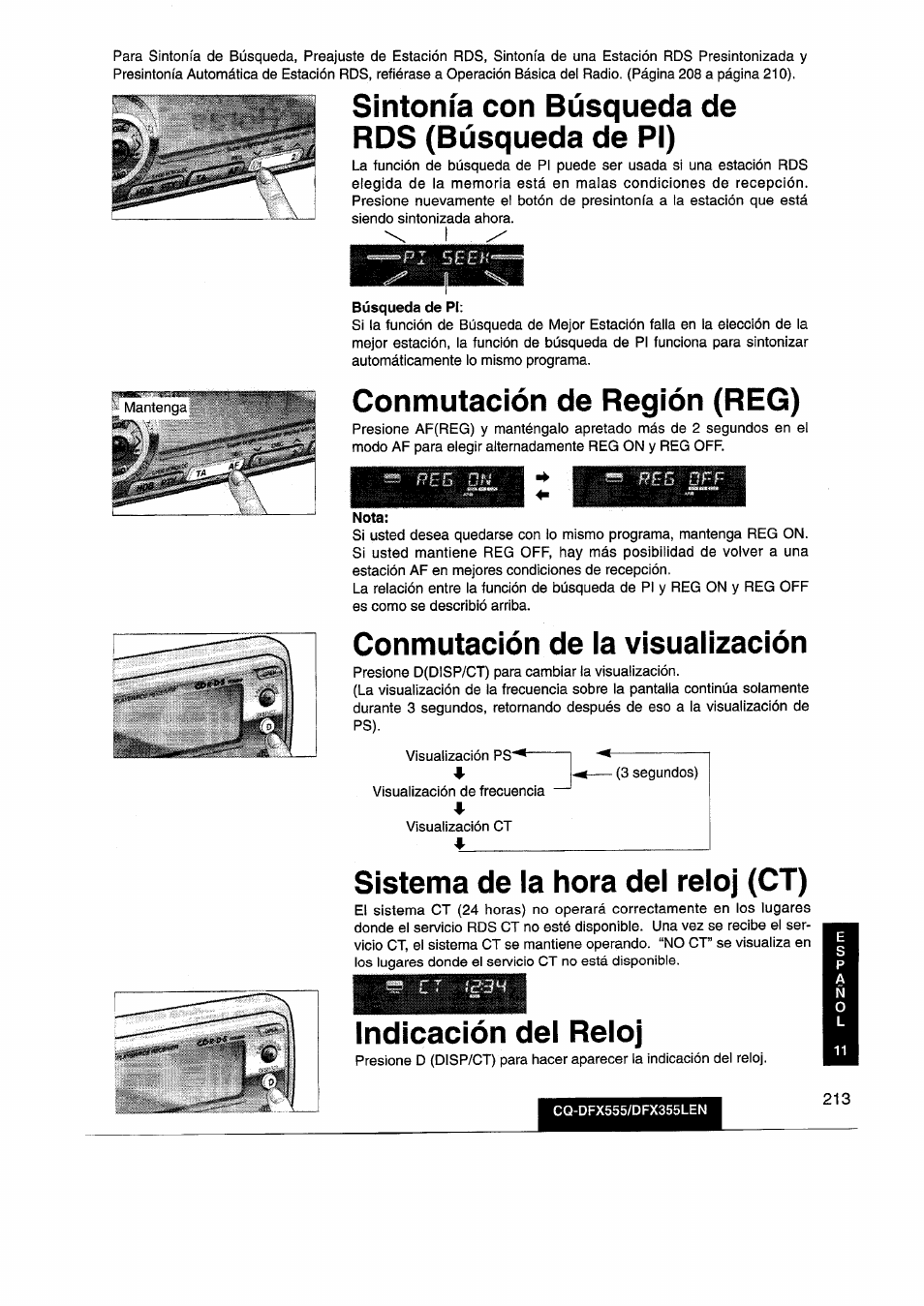 Sintonía con búsqueda de rds (búsqueda de pl), Conmutación de región (reg), Conmutación de ia visualización | Sistema de ia hora del reloj (ct), Indicación del reloj | Panasonic CQDFX555 User Manual | Page 213 / 236