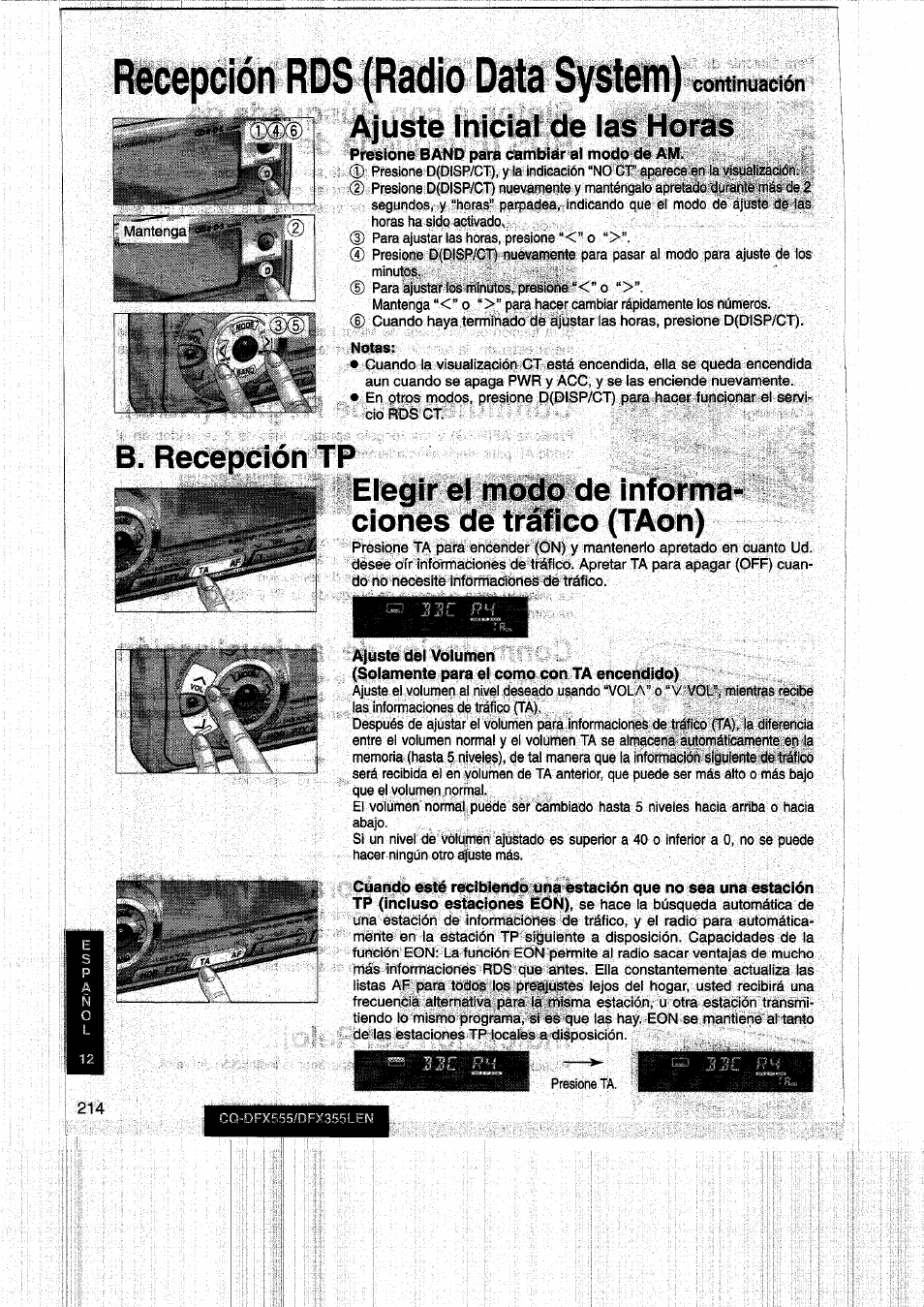 Ajuste inicial de las horas, Elegir el modo de informaciones de tráfico (taon), Ajuste dei voiumen | Continuación | Panasonic CQDFX555 User Manual | Page 214 / 236