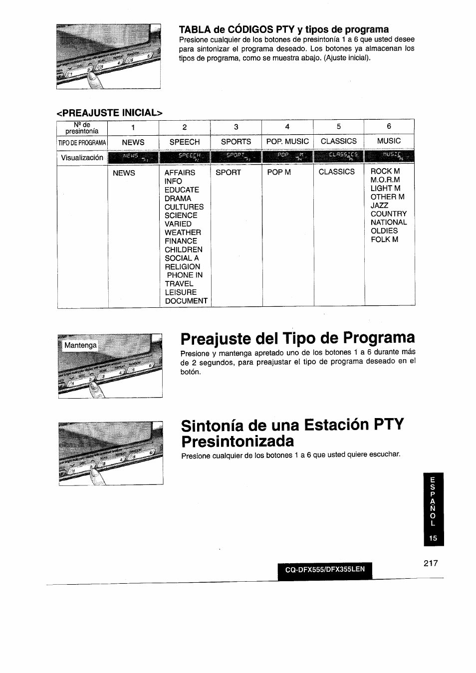 Tabla de códigos pty y tipos de programa, Preajuste inicial, Preajuste del tipo de programa | Sintonía de una estación pty presintonizada, Lléifli | Panasonic CQDFX555 User Manual | Page 217 / 236