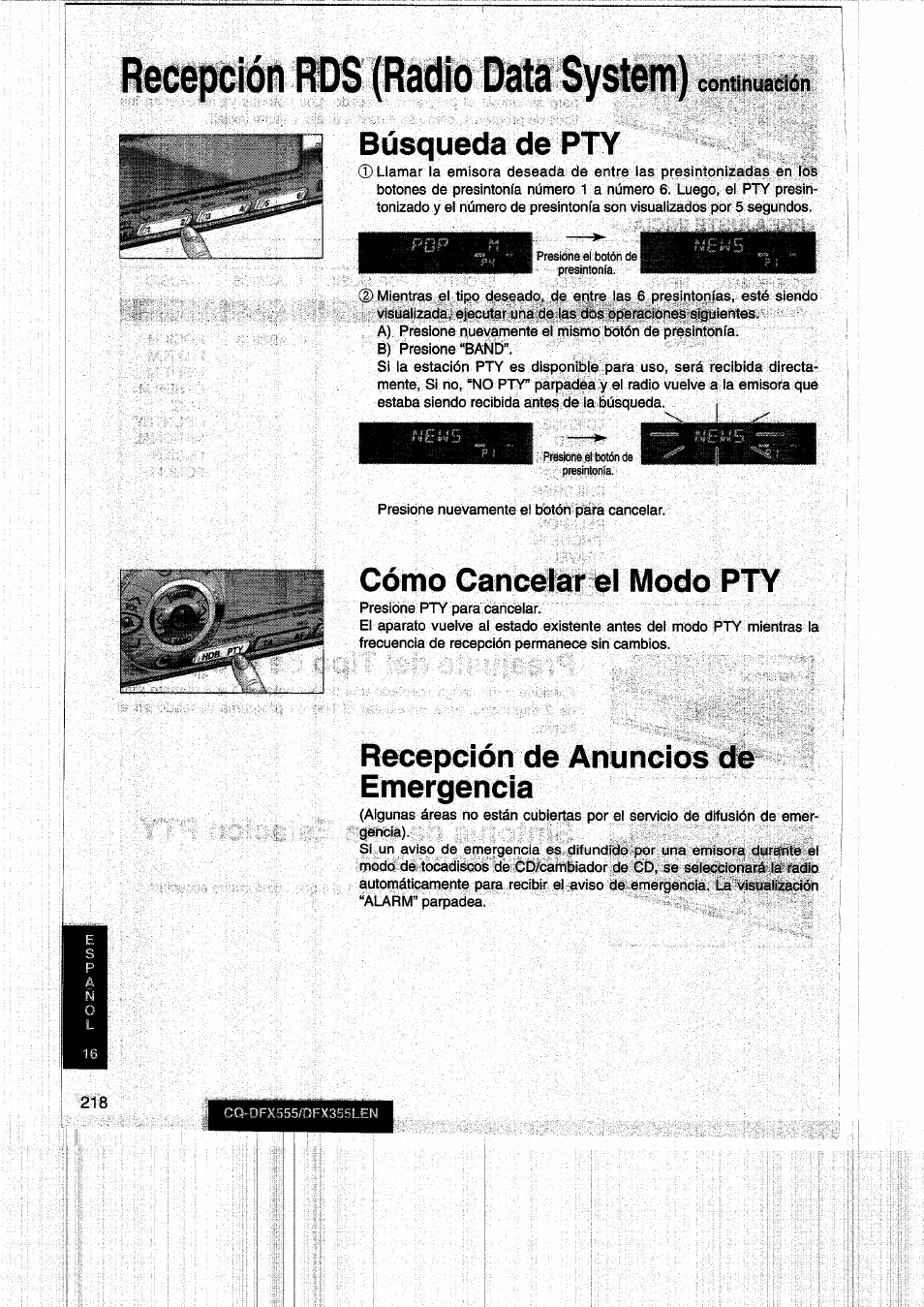 Búsqueda de pty, Cómo cancelar el modo pty, Recepción de anuncios de emergencia | Continuación | Panasonic CQDFX555 User Manual | Page 218 / 236