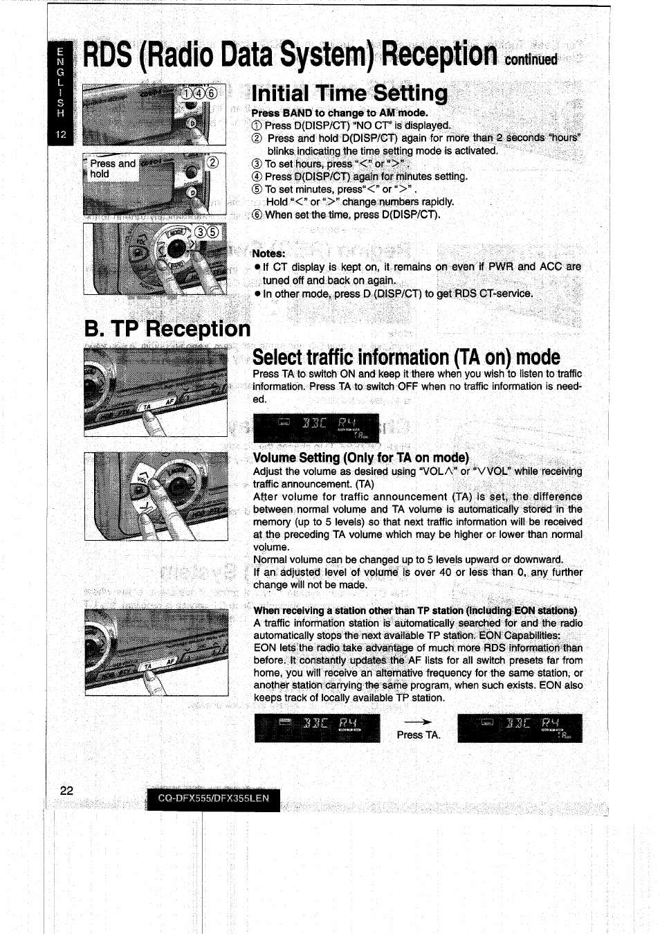 Rds (radio data system) reception, Initial time setting, B. tp reception | Select traffic information (ta on) mode, Volume setting (only for ta on mode), Continued | Panasonic CQDFX555 User Manual | Page 22 / 236
