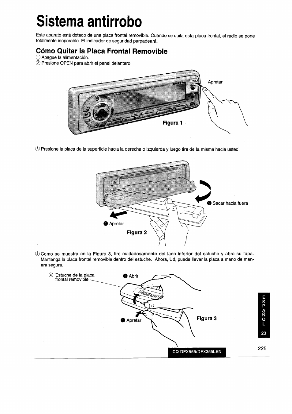 Sistema antirrobo, Cómo quitar !a placa frontal removible | Panasonic CQDFX555 User Manual | Page 225 / 236