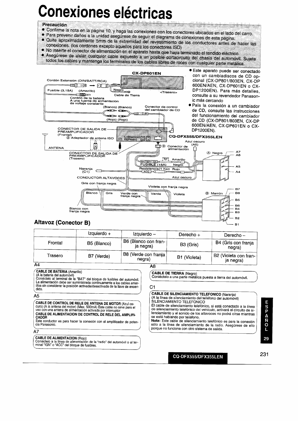 Conexiones eléctricas, Altavoz (conector b) | Panasonic CQDFX555 User Manual | Page 231 / 236