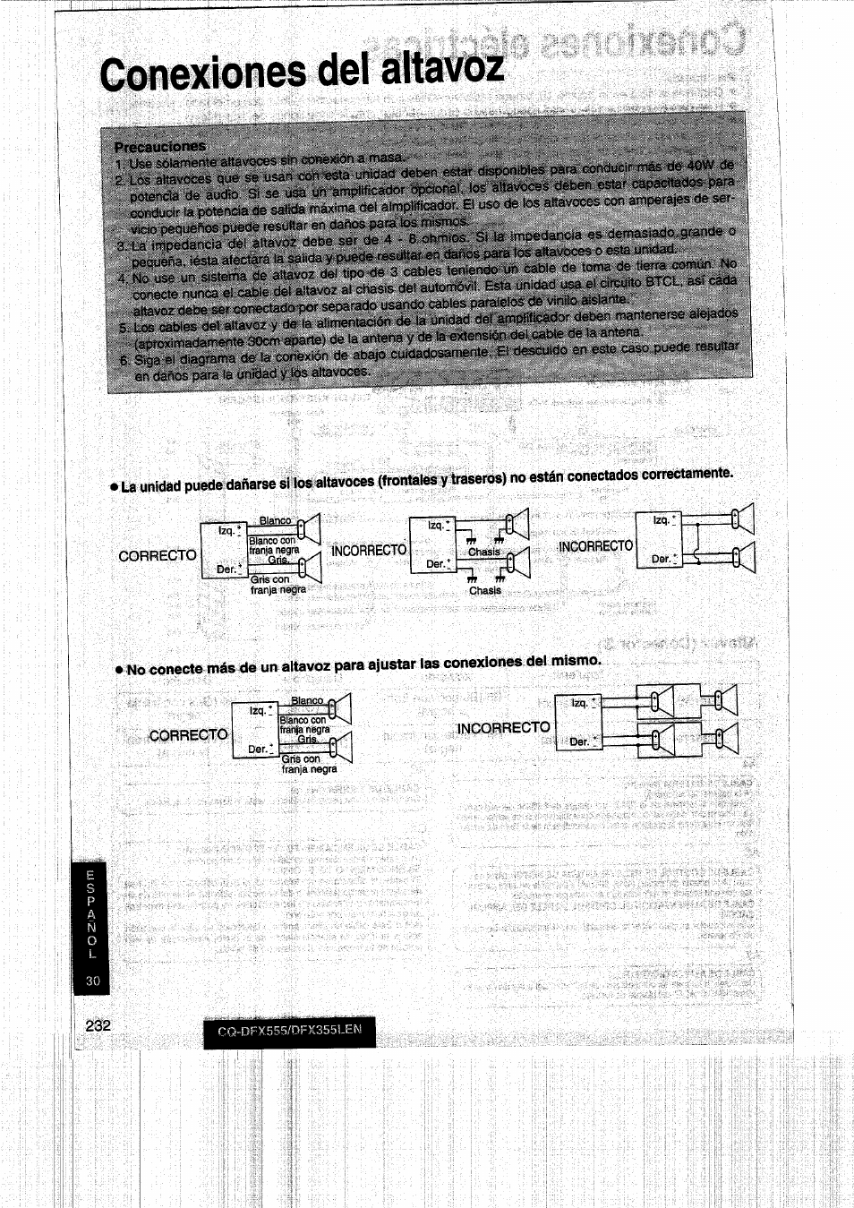 Conexiones del altavoz | Panasonic CQDFX555 User Manual | Page 232 / 236