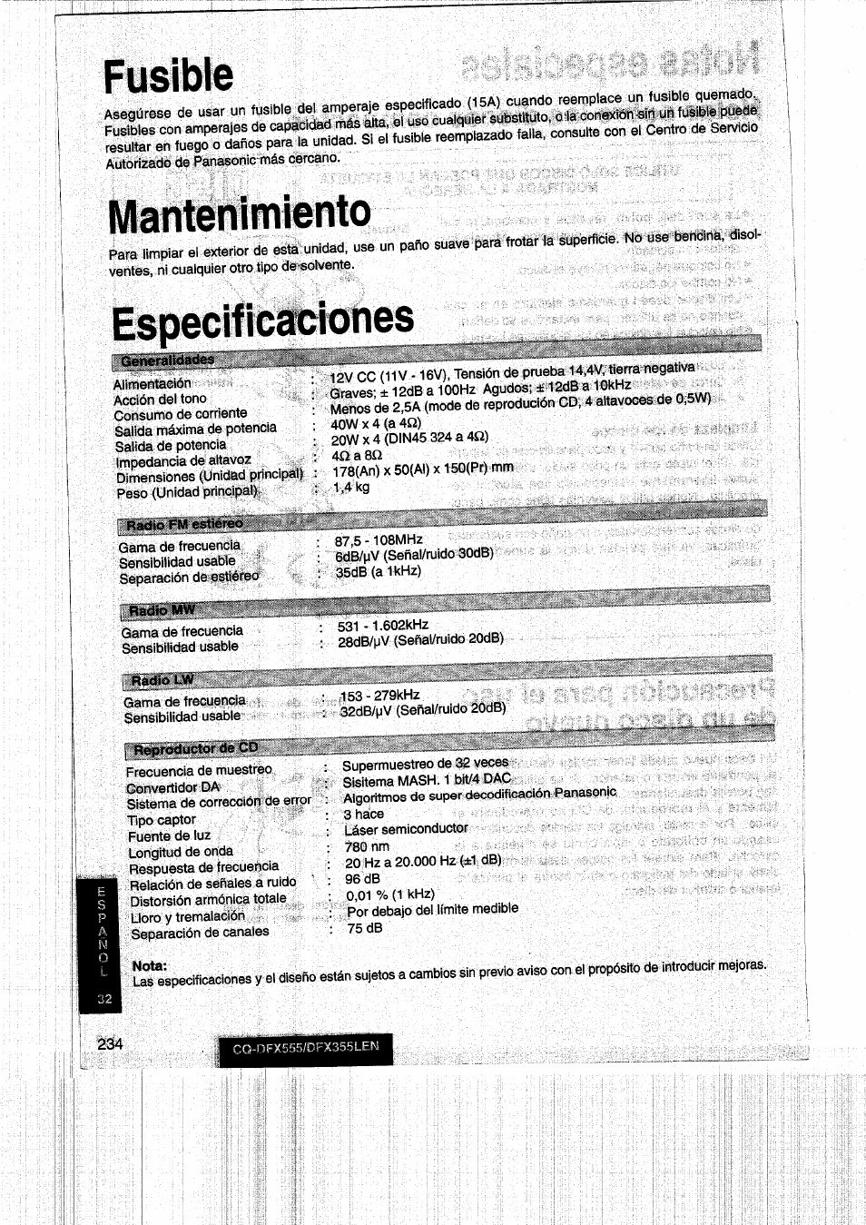 Fusible, Mantenimiento, Especificaoiones | Fusible mantenimiento especificaciones | Panasonic CQDFX555 User Manual | Page 234 / 236