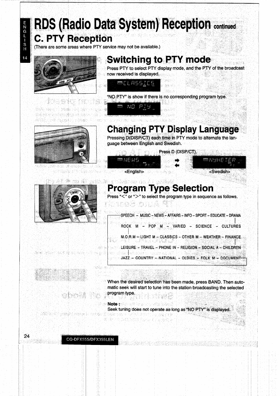 Switching to pty mode, Changing pty display language, C. pty reception | Program type selection, Continued | Panasonic CQDFX555 User Manual | Page 24 / 236