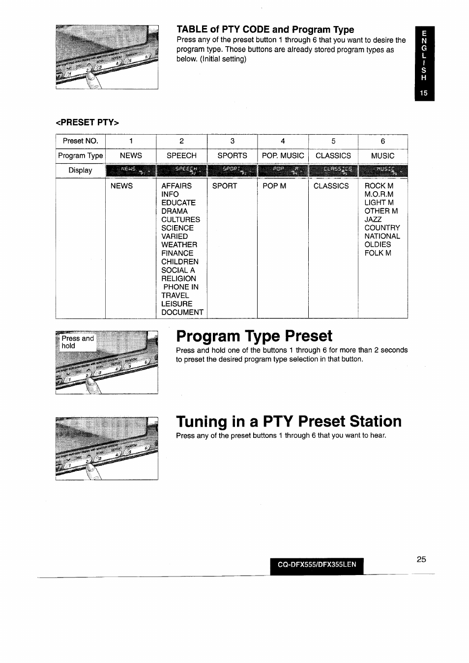 Table of pty code and program type, Program type preset, Tuning in a pty preset station | Panasonic CQDFX555 User Manual | Page 25 / 236