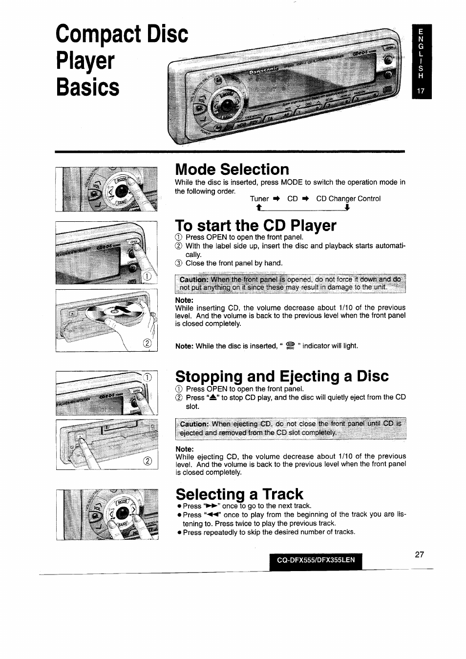 Compact disc player basics, Mode selection, To start the cd player | Stopping and ejecting a disc, Selecting a track | Panasonic CQDFX555 User Manual | Page 27 / 236