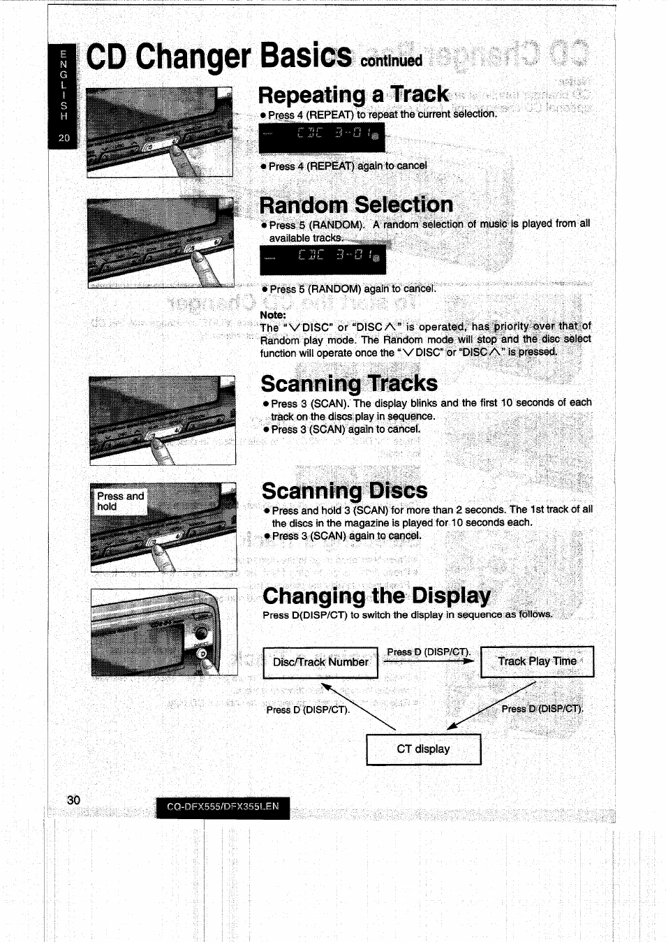 Cd changer basics, Repeating a track, Random selection | Scanning tracks, Scanning discs, Changing the display | Panasonic CQDFX555 User Manual | Page 30 / 236