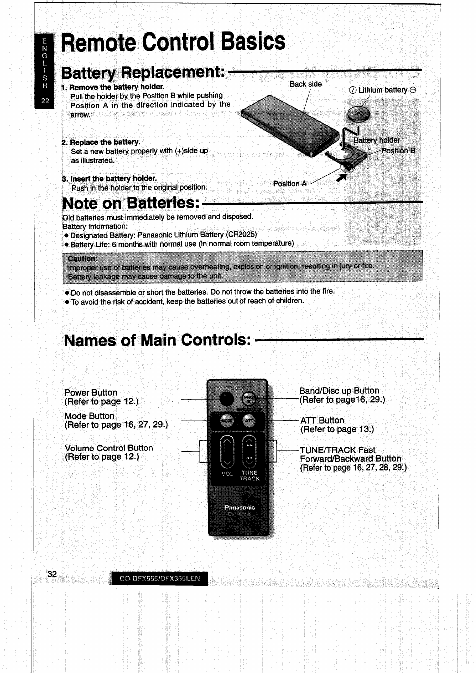 Remote control basics, Battery replacement, Note on batteries | Names of main controls | Panasonic CQDFX555 User Manual | Page 32 / 236