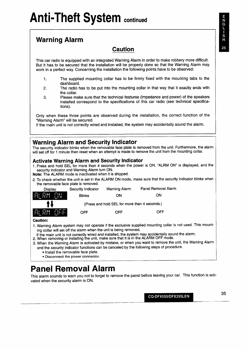 Anti-theft system, Activate warning aiarm and security indicator, Panel removal alarm | Warning alarm, Continued, Caution, Warning alarm and security indicator | Panasonic CQDFX555 User Manual | Page 35 / 236