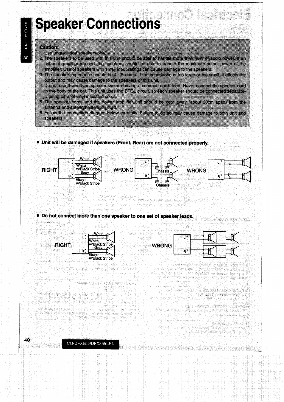 Speaker connections | Panasonic CQDFX555 User Manual | Page 40 / 236