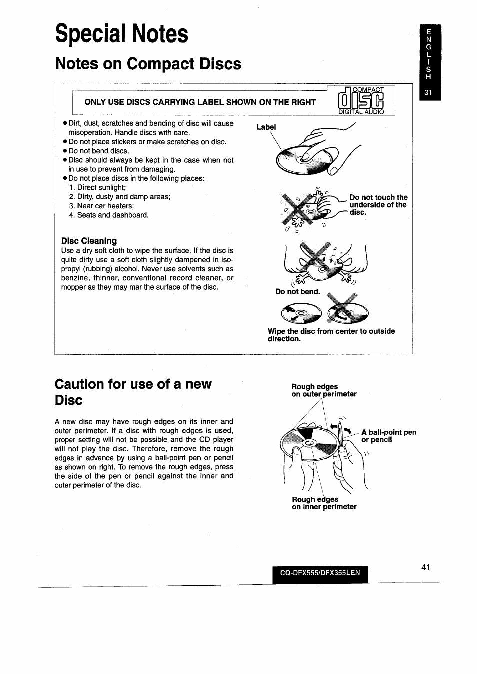 Special notes, Notes on compact discs, Caution for use of a new disc | Panasonic CQDFX555 User Manual | Page 41 / 236