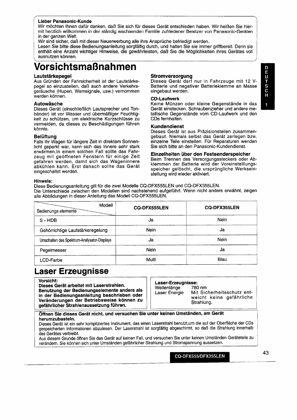 Vorsichtsmaßnahmen, Vorsichtsmaßnahmenr, Laser erzeugnisse | Panasonic CQDFX555 User Manual | Page 43 / 236