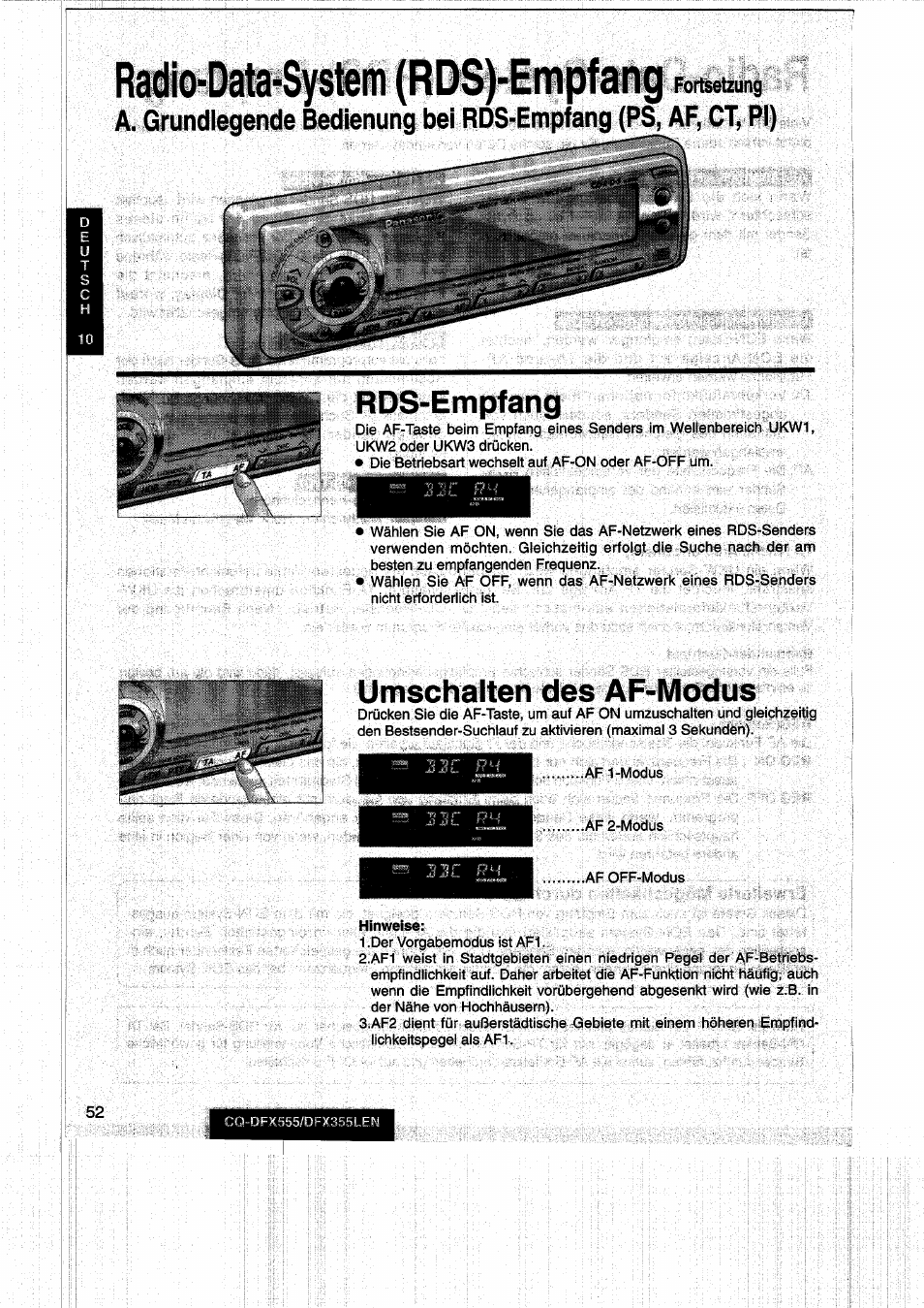 Rds-empfang, Umschalten des af-modus, 32c f?3 | Panasonic CQDFX555 User Manual | Page 52 / 236