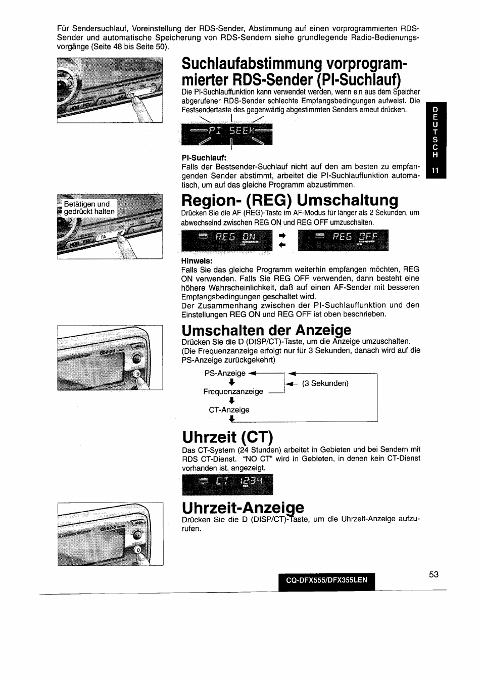 Region- (reg) umschaltung, Uhrzeit (ct), Uhrzeit-anzeige | Umschalten der anzeige | Panasonic CQDFX555 User Manual | Page 53 / 236