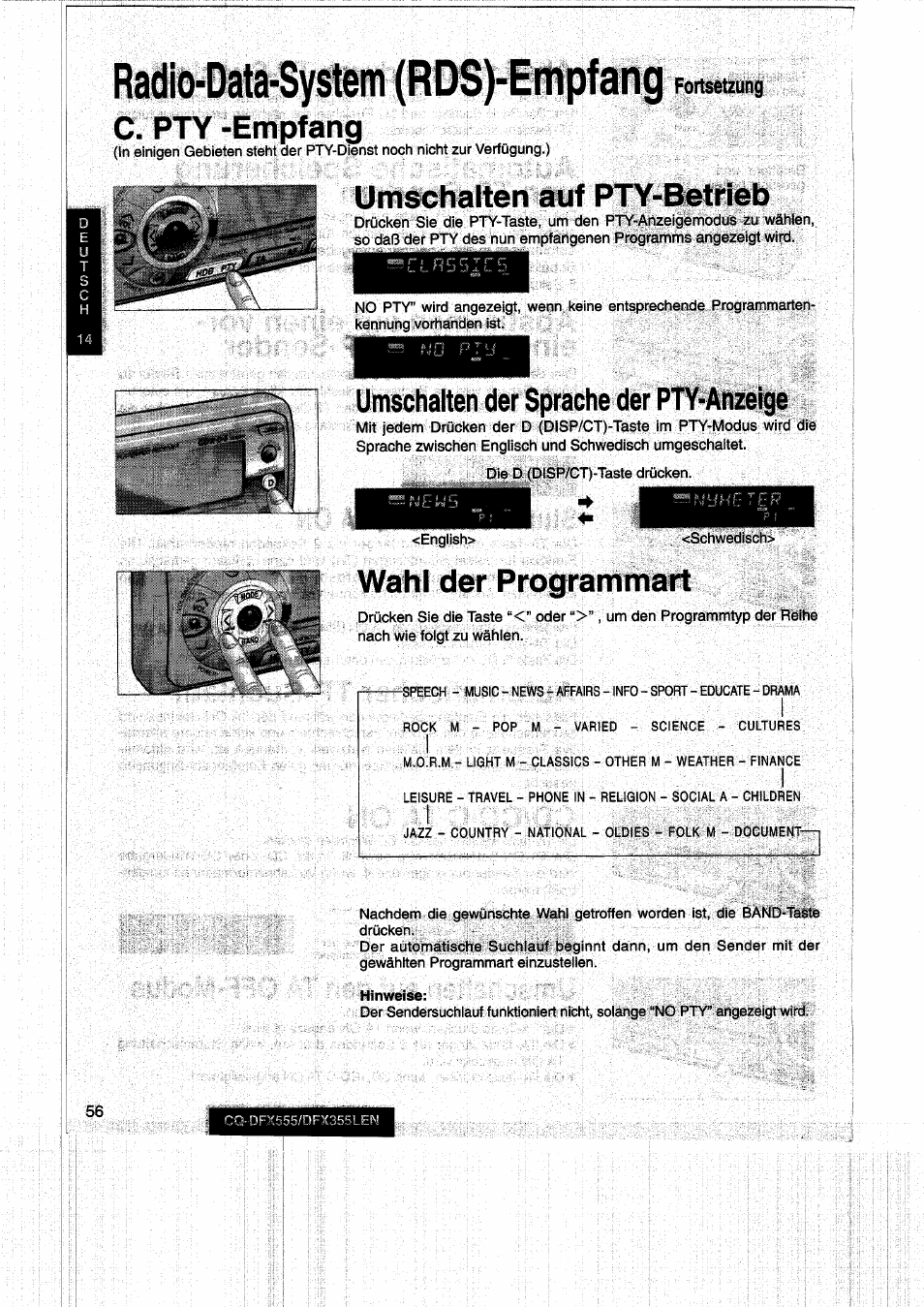 C. pty -empfang, Umschalten auf pty-betfieb, Umschaiten der sprache der pty-anzeige | Wahl der programmart, Radio-data-system (rds)-empfang | Panasonic CQDFX555 User Manual | Page 56 / 236
