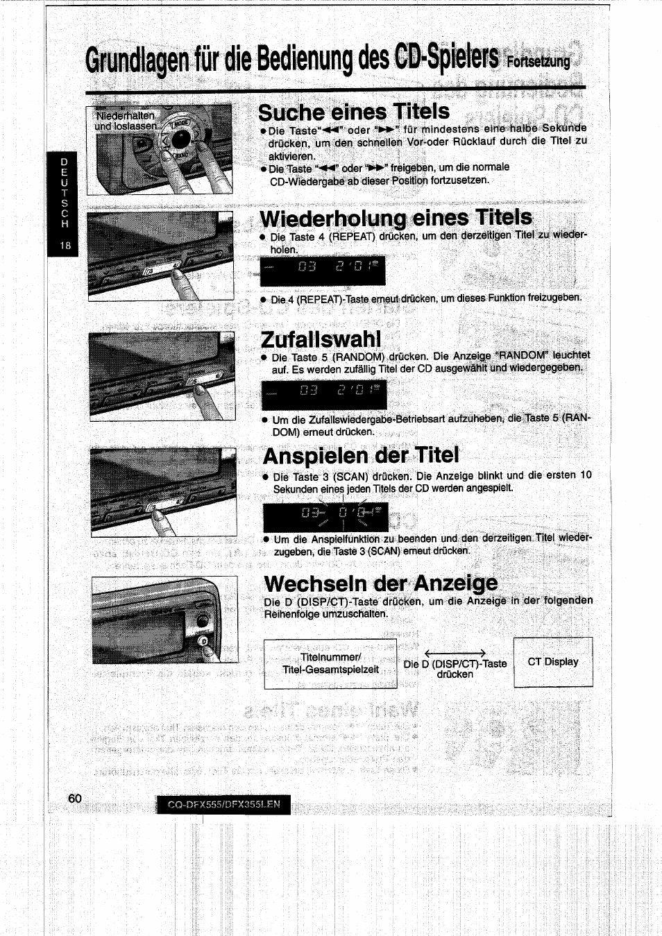 Suche eines titels, Wiederholung eines titels, Zufallswahl | Anspielen der titel, Wechseln der anzeige | Panasonic CQDFX555 User Manual | Page 60 / 236