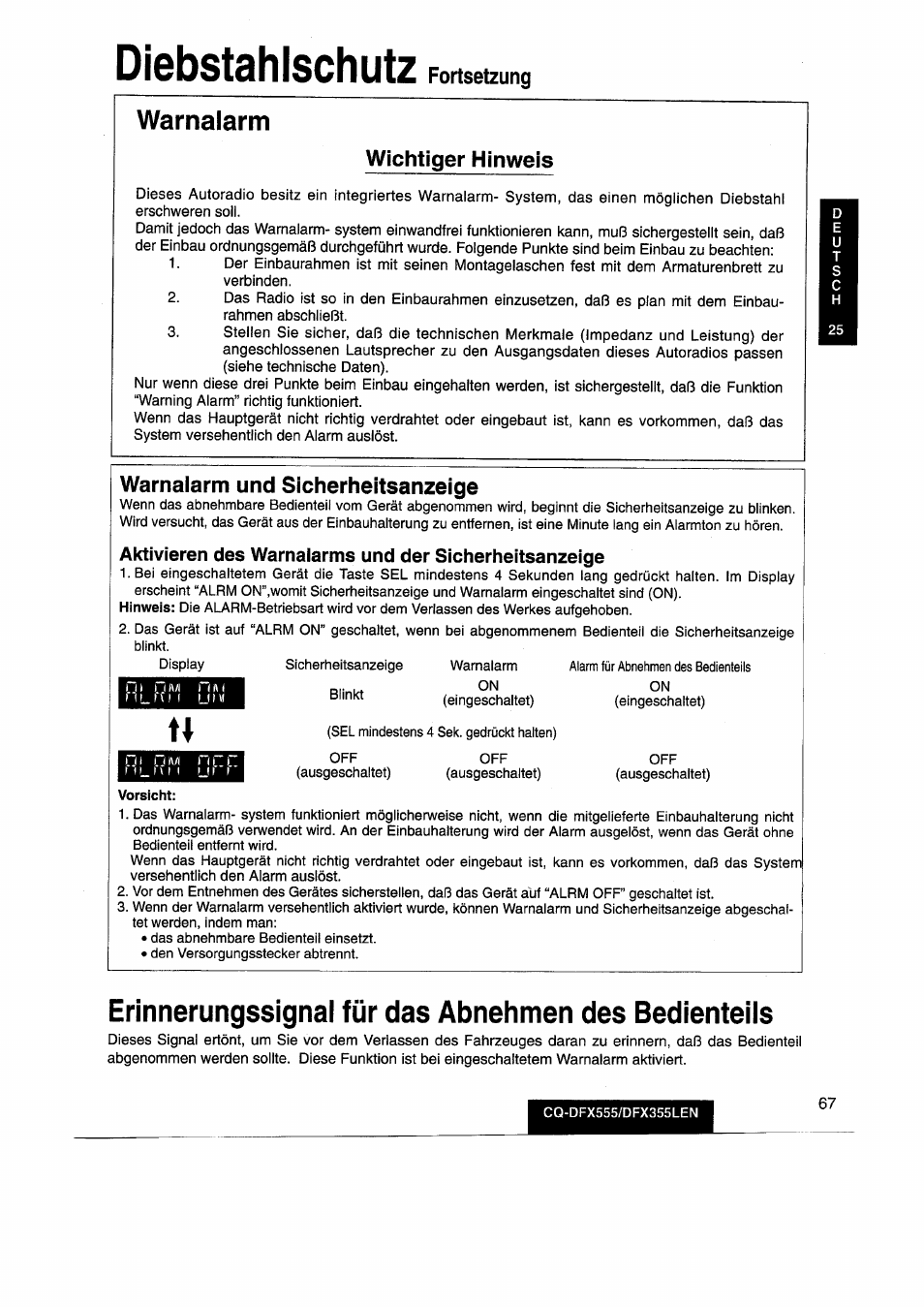 Diebstahlschutz, Erinnerungssignal für das abnehmen des bedienteils, Warnalarm | Fortsetzung, Wichtiger hinweis, Warnalarm und sicherheitsanzeige | Panasonic CQDFX555 User Manual | Page 67 / 236