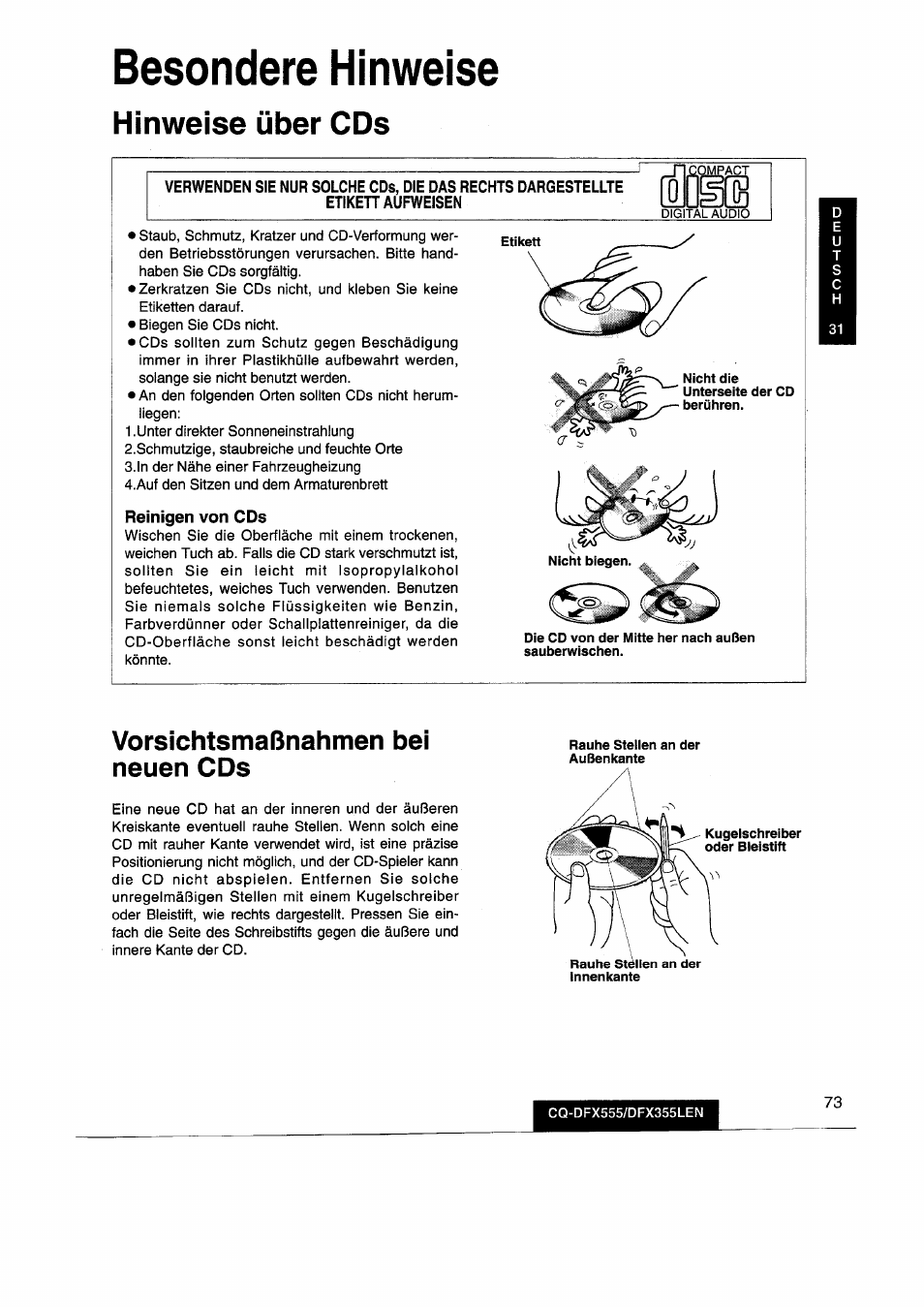 Besondere hinweise, Hinweise über cds, Vorsichtsmaßnahmen bei neuen cds | Panasonic CQDFX555 User Manual | Page 73 / 236