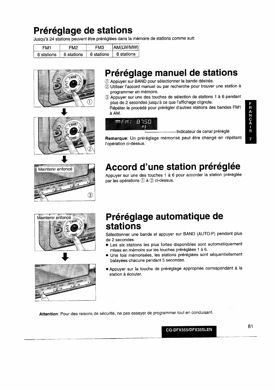 Préréglage de stations, Préréglage manuel de stations, Accord d’une station préréglée | Préréglage automatique de stations | Panasonic CQDFX555 User Manual | Page 81 / 236