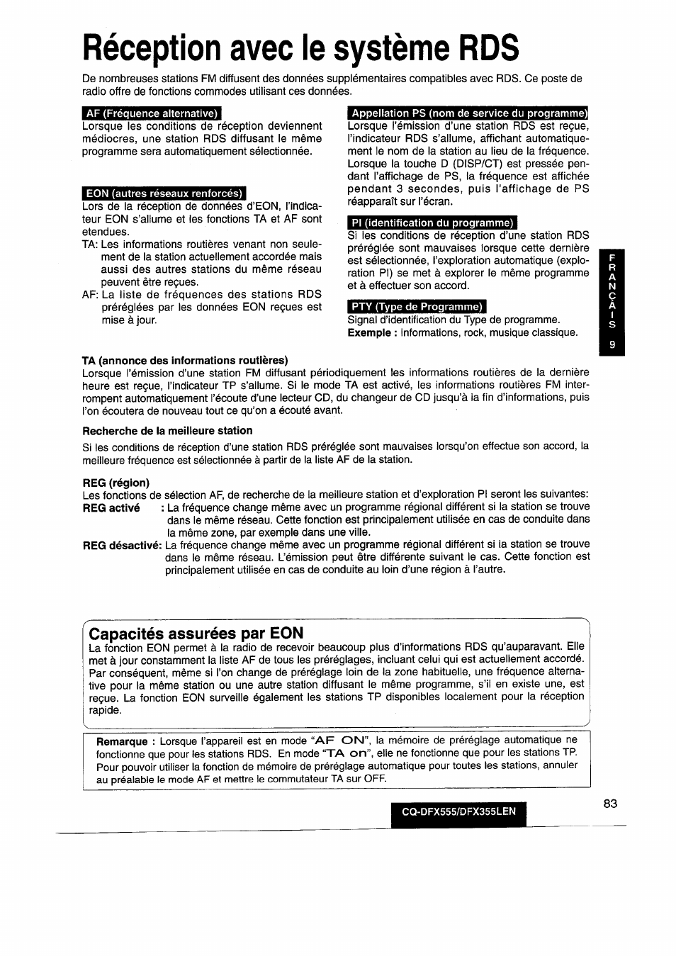 Réception avec le système rds | Panasonic CQDFX555 User Manual | Page 83 / 236