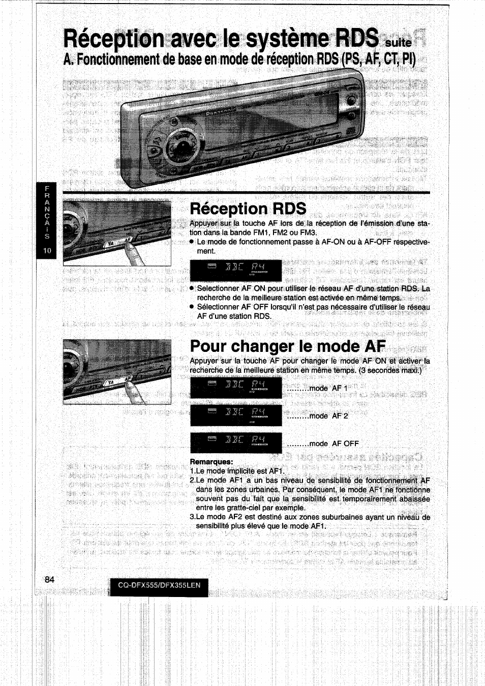 Réception avec le système nuo suite, Réception rds, Pour changer le mode af | Réception avec le système rds, Réception avec le système, Suite | Panasonic CQDFX555 User Manual | Page 84 / 236