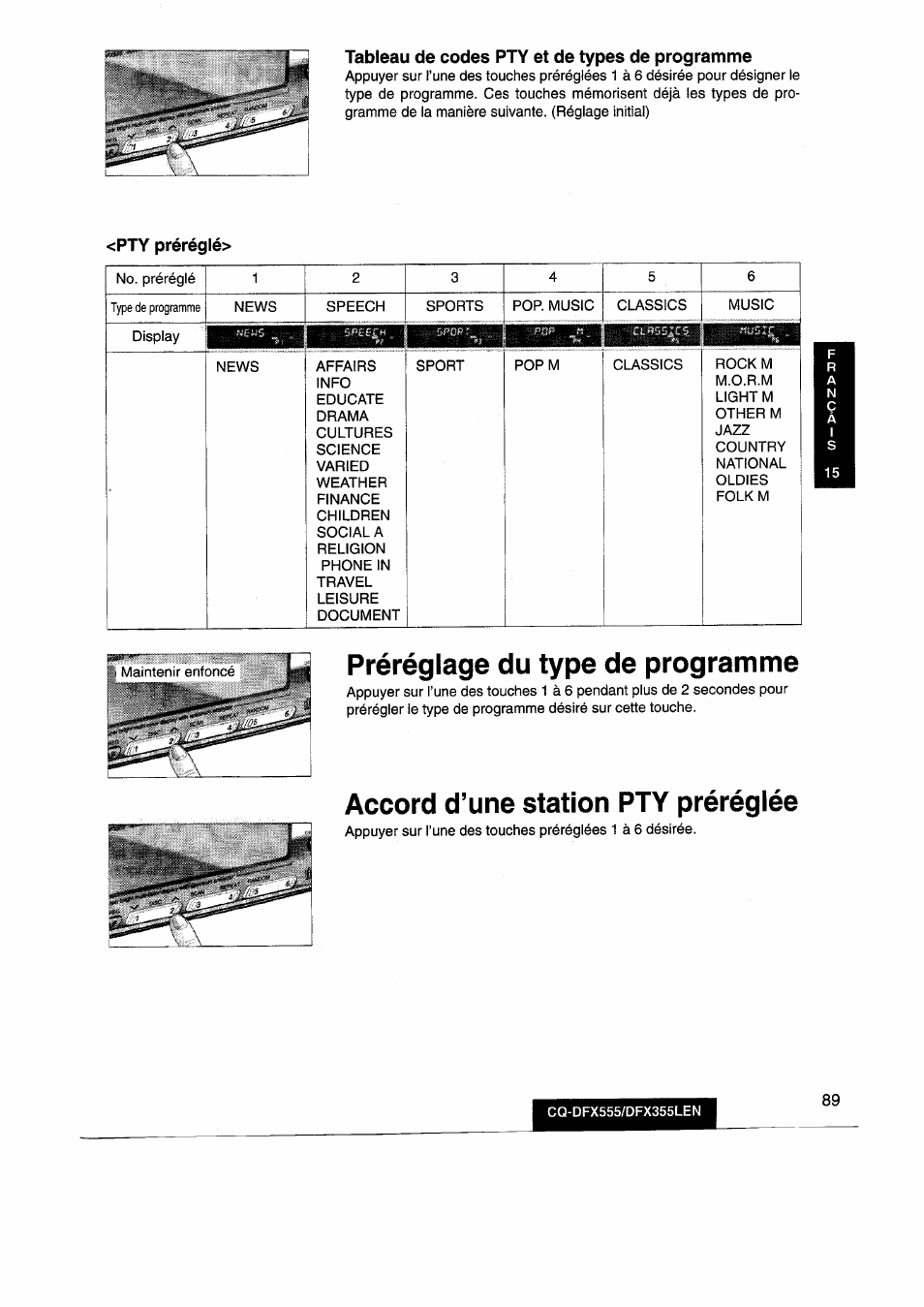 Tableau de codes pty et de types de programme, Pty préréglé, Préréglage du type de programme | Accord d’une station pty préréglée | Panasonic CQDFX555 User Manual | Page 89 / 236