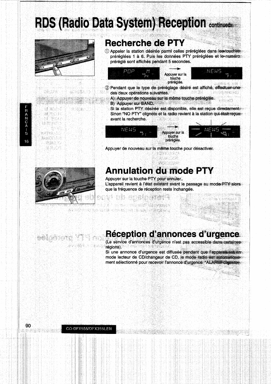 Recherche de pty, Annulation du mode pty, Réception d’annonces d’urgence | Continuée | Panasonic CQDFX555 User Manual | Page 90 / 236