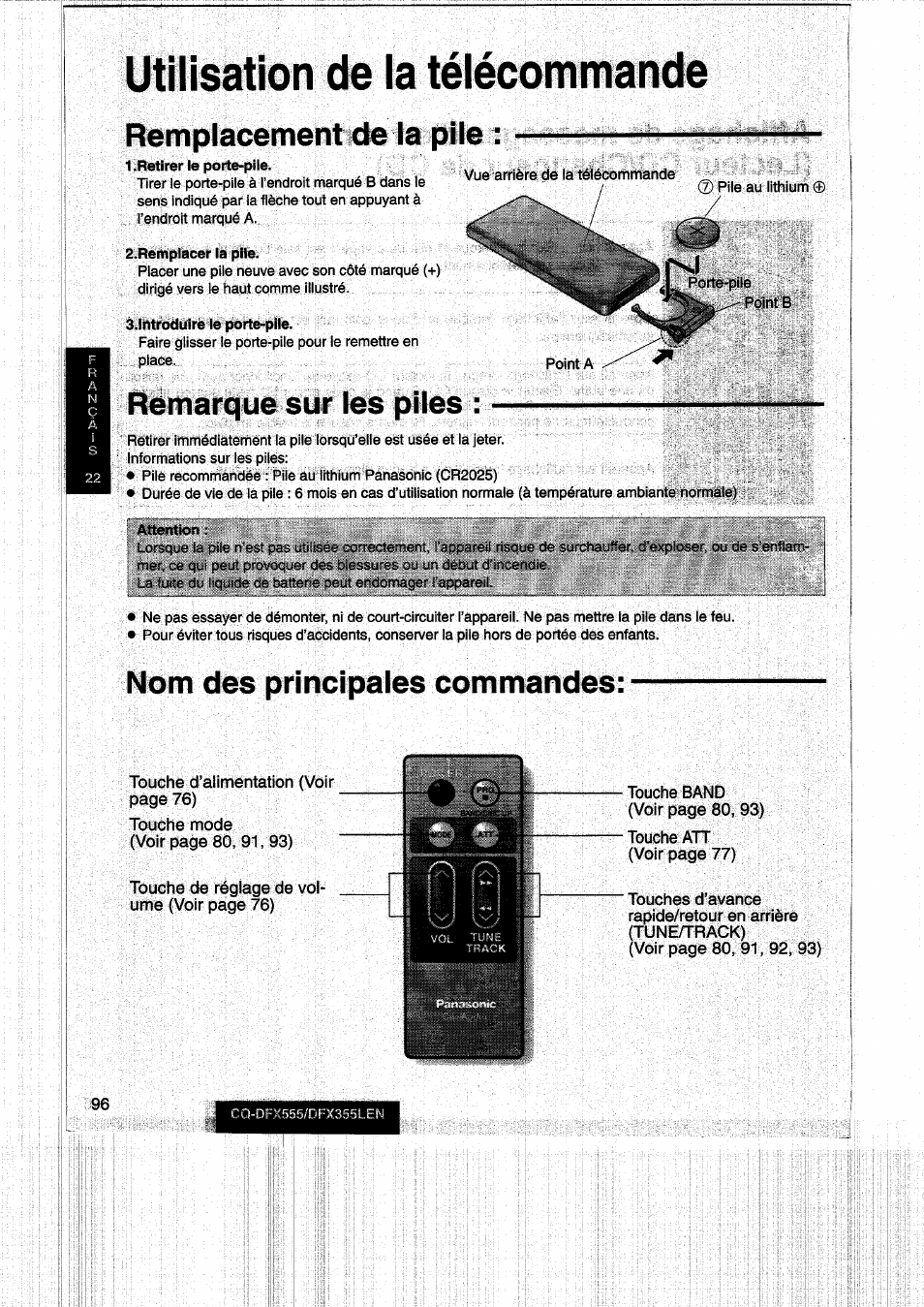 Utilisation de la télécommande, Remplacement de la pile, Nom des principales commandes | Remarque sur les piles | Panasonic CQDFX555 User Manual | Page 96 / 236