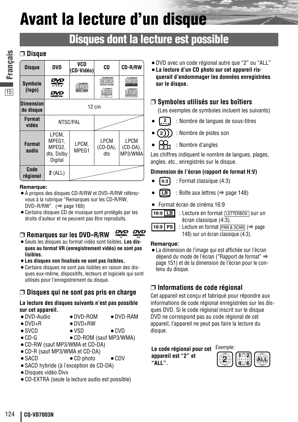 Avant la lecture d’un disque, Disques dont la lecture est possible, Français | Remarques sur les dvd–r/rw, Disques qui ne sont pas pris en charge, Symboles utilisés sur les boîtiers, Informations de code régional, Disque | Panasonic CQVD7003N User Manual | Page 16 / 100