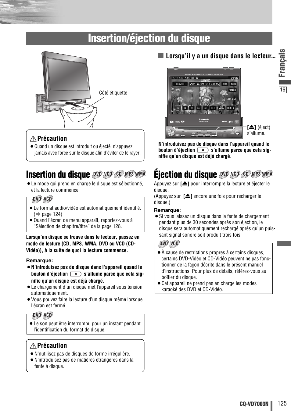 Insertion/éjection du disque, Insertion du disque, Éjection du disque | Français, Lorsqu’il y a un disque dans le lecteur, Précaution, Cq-vd7003n, Côté étiquette | Panasonic CQVD7003N User Manual | Page 17 / 100