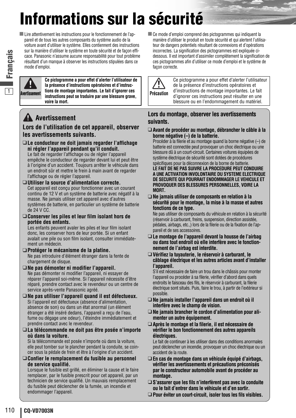 Informations sur la sécurité, Français, Avertissement | Panasonic CQVD7003N User Manual | Page 2 / 100