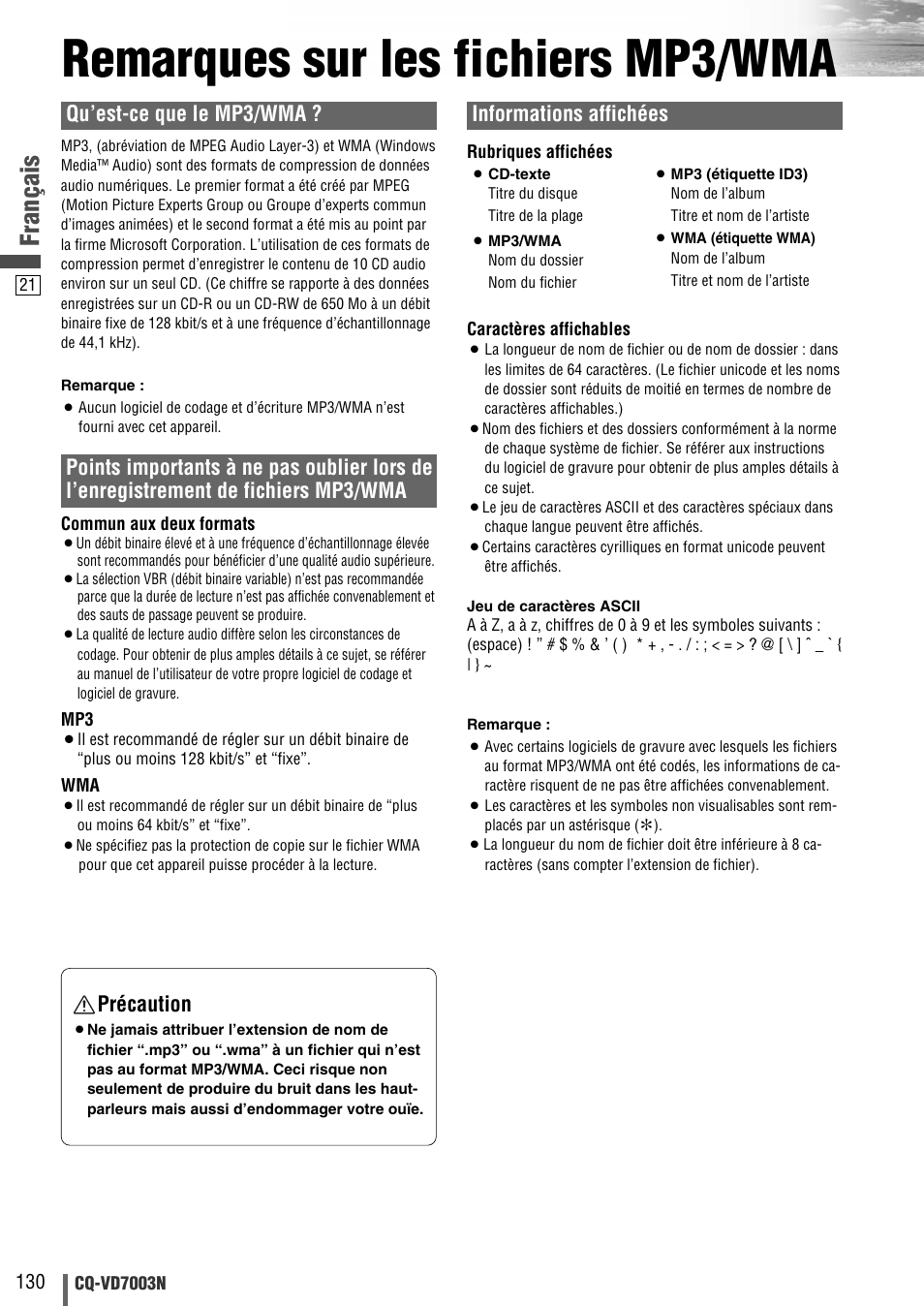 Remarques sur les fichiers mp3/wma, Français, Qu’est-ce que le mp3/wma | Informations affichées, Précaution | Panasonic CQVD7003N User Manual | Page 22 / 100