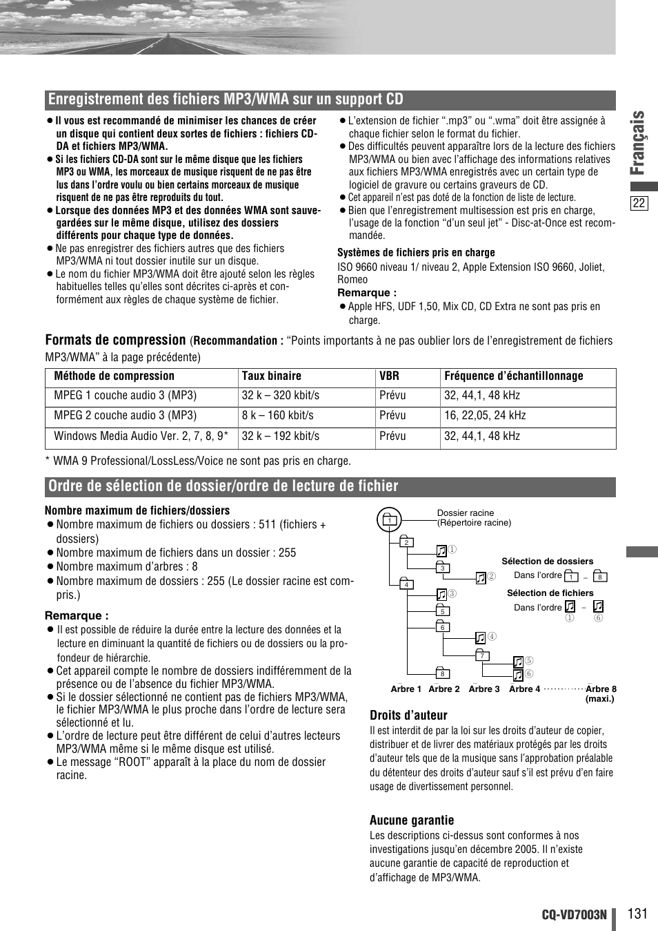 Français, Formats de compression | Panasonic CQVD7003N User Manual | Page 23 / 100