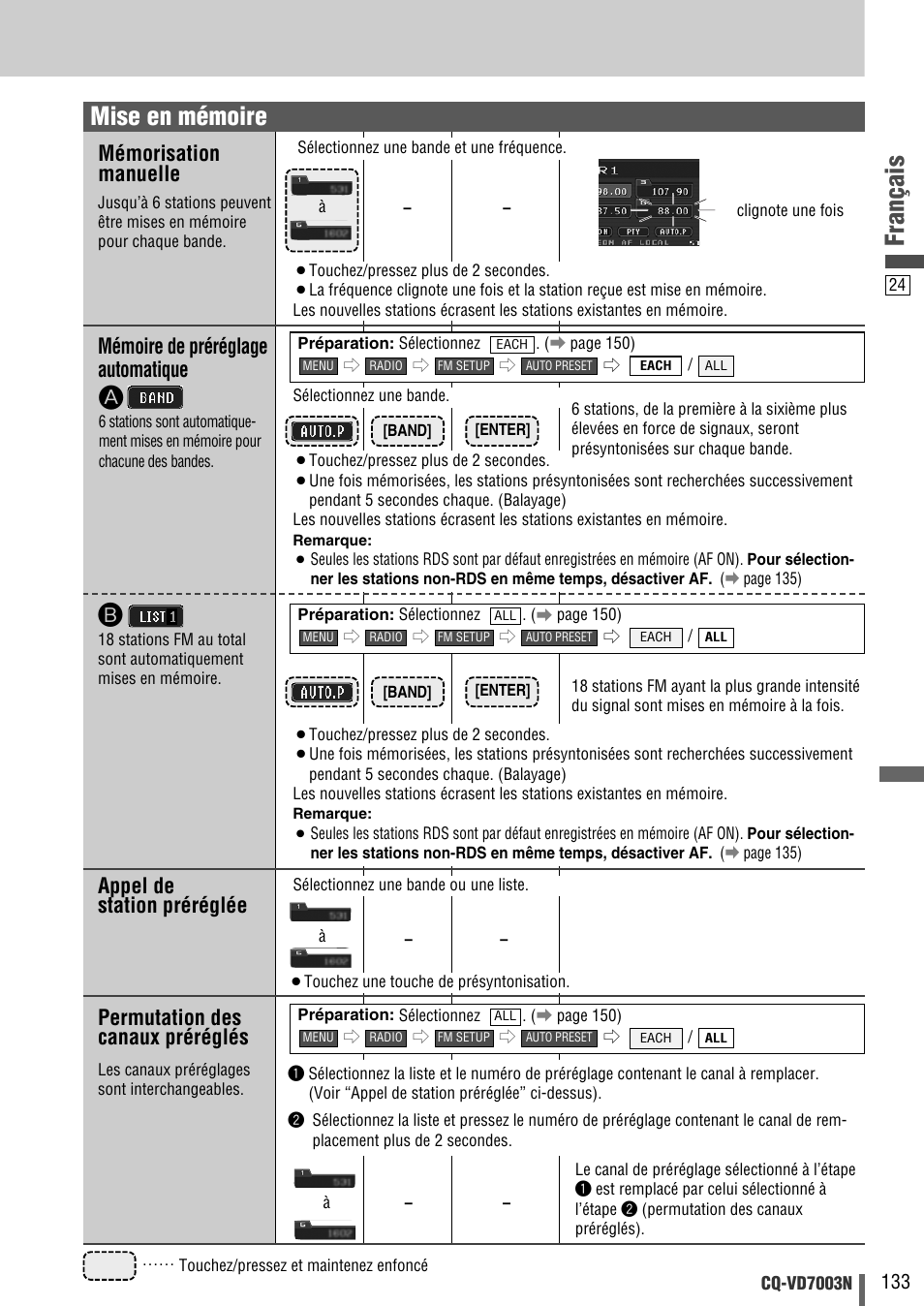 Français, Mise en mémoire, Mémorisation manuelle | Appel de station préréglée, Mémoire de préréglage automatique, Permutation des canaux préréglés | Panasonic CQVD7003N User Manual | Page 25 / 100